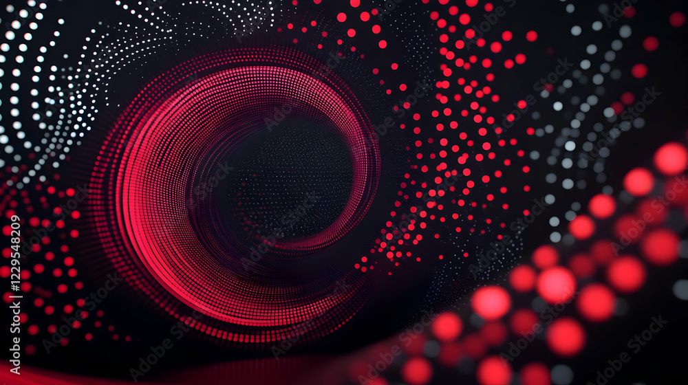 Poster abstract red and white swirling particles create a dynamic tunnel effect in a digital art piece