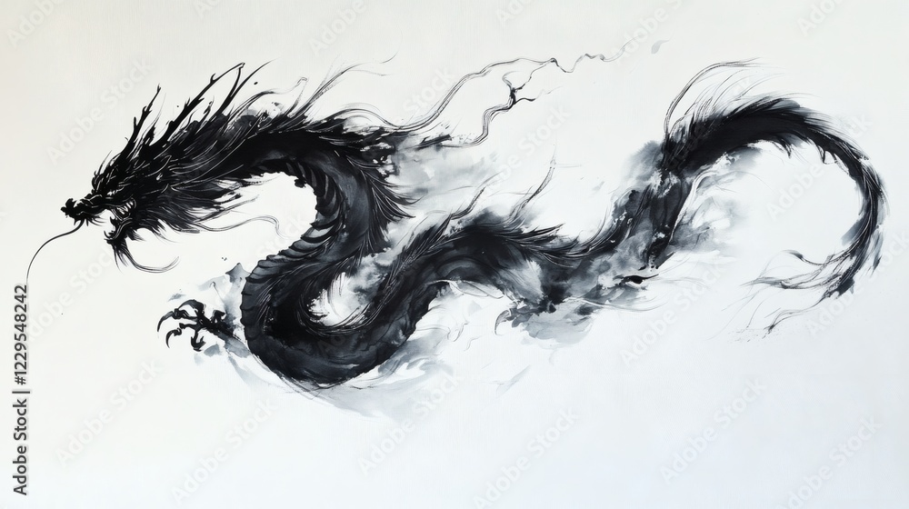 Poster striking dragon ink painting using dark flowing lines and delicate shading to create an ethereal dep