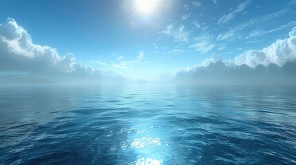 Fototapeta premium Serene ocean view under a bright sun, with distant mountains and soft clouds in the background