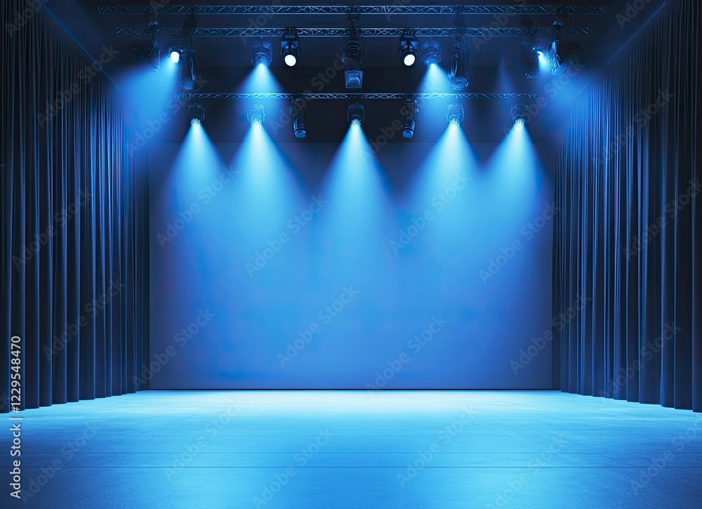 Poster front view of an empty modern stage with blue lighting and a square backdrop for a presentation, sho
