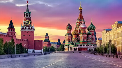 Obraz premium Historic Landmarks Rise Majestically under a Dramatic Sunset Sky in a Bustling City Center