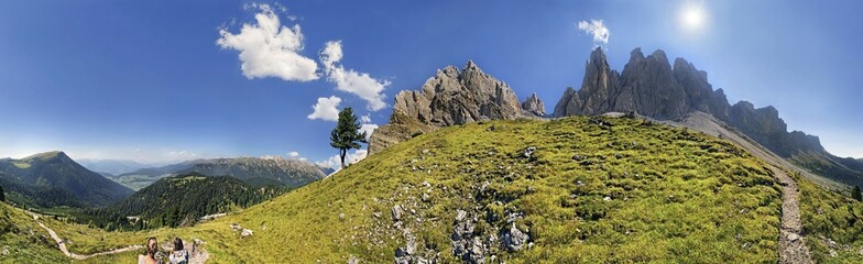 360° panoramic view near Mittagsscharte gorge with the Geisler Mountains and the Villnoesstal valley, Puez-Geisler Nature Park, province of Bolzano-Bozen, Italy, Europe