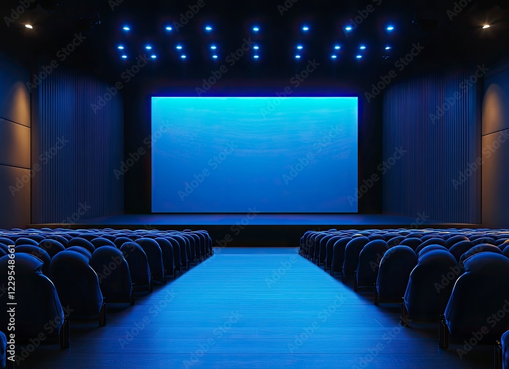 Poster front view of an empty modern stage with blue lighting and a square backdrop for a presentation, sho