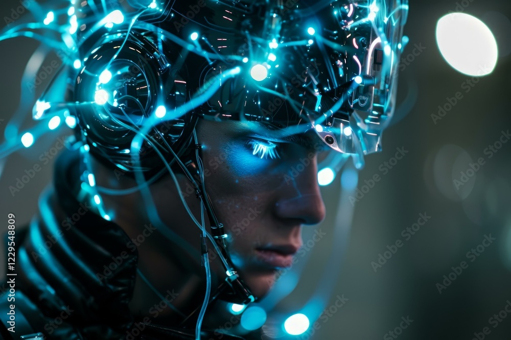 Aufkleber man wearing futuristic brain computer interface helmet with glowing cables