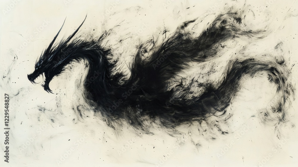 Aufkleber striking dragon ink painting using dark flowing lines and delicate shading to create an ethereal dep