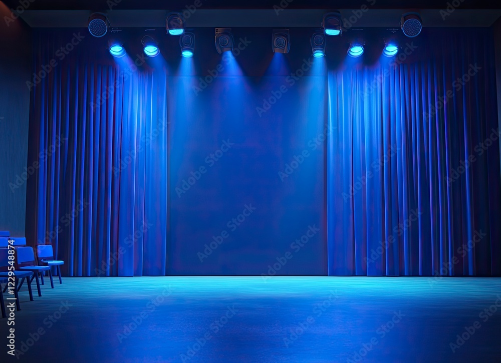 Poster front view of an empty modern stage with blue lighting and a square backdrop for a presentation, sho