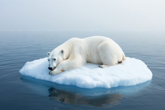 A serene polar bear rests on a small iceberg in a tranquil arctic scene, surrounded by calm waters and a hazy atmosphere.