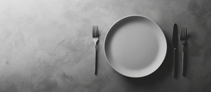 Empty plate with fork and knife on textured gray background.