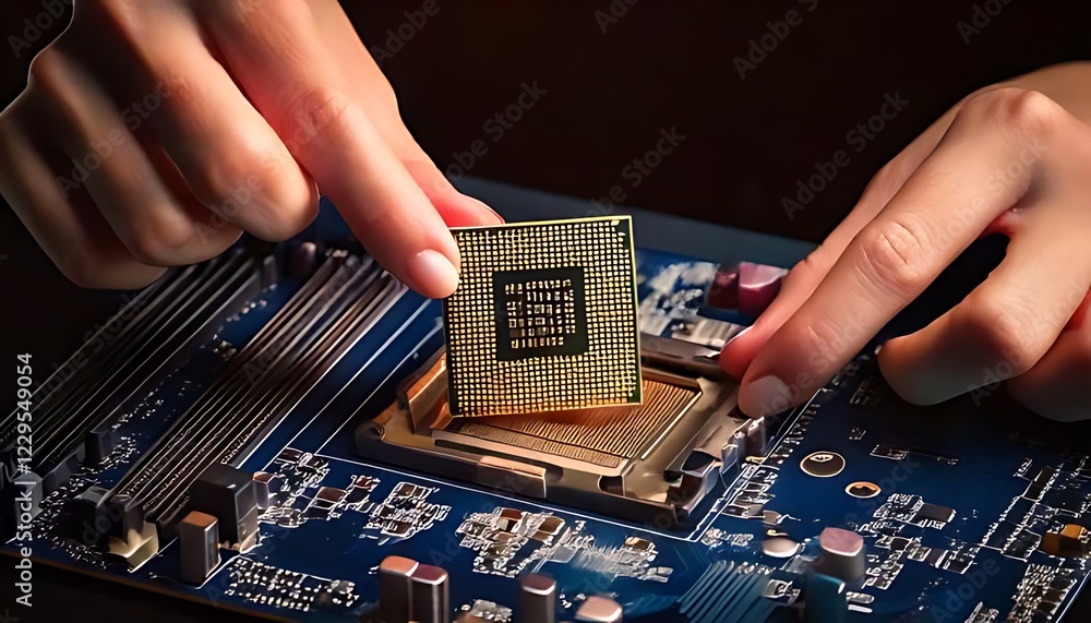 Poster hands carefully install a cpu onto a computer motherboard