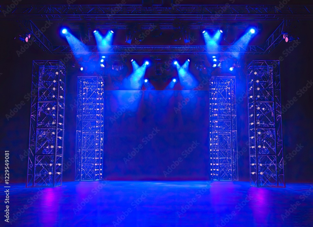 Poster front view of an empty modern stage with blue lighting and a square backdrop for a presentation, sho