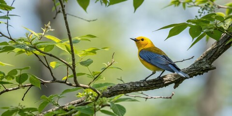 Prothonotary warbler perched on a tree branch, bird, tree