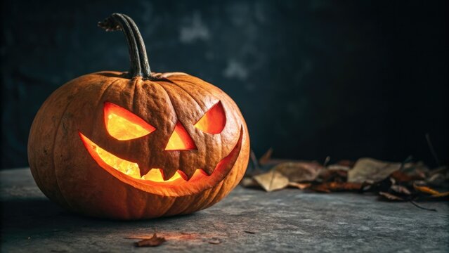 Pumpkin carved with spooky face sits alone on a dark background, autumn night scene, fall decor