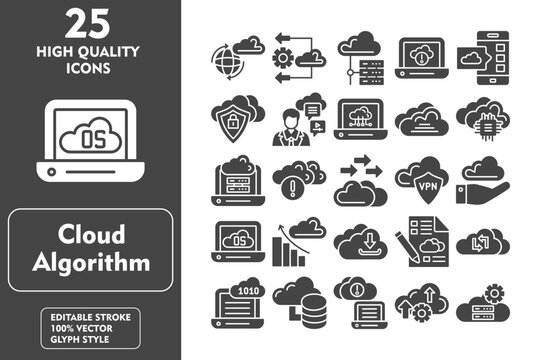 Cloud Algorithm glyph editable icon set. Containing worldwide, elastic, server, information, application, private, content, cloud computing and more. Vector illustration icons