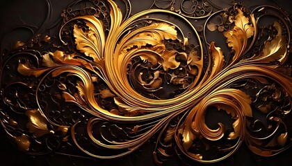 Intricate gold filigree swirls across a dark background, creating a luxurious design.