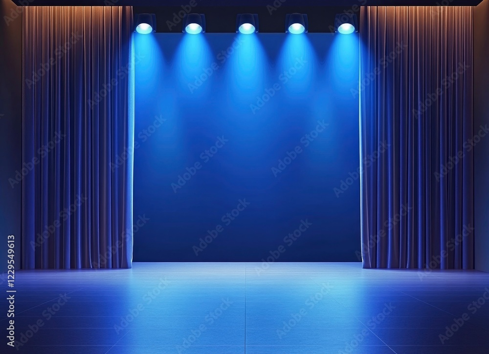 Poster front view of an empty modern stage with blue lighting and a square backdrop for a presentation, sho