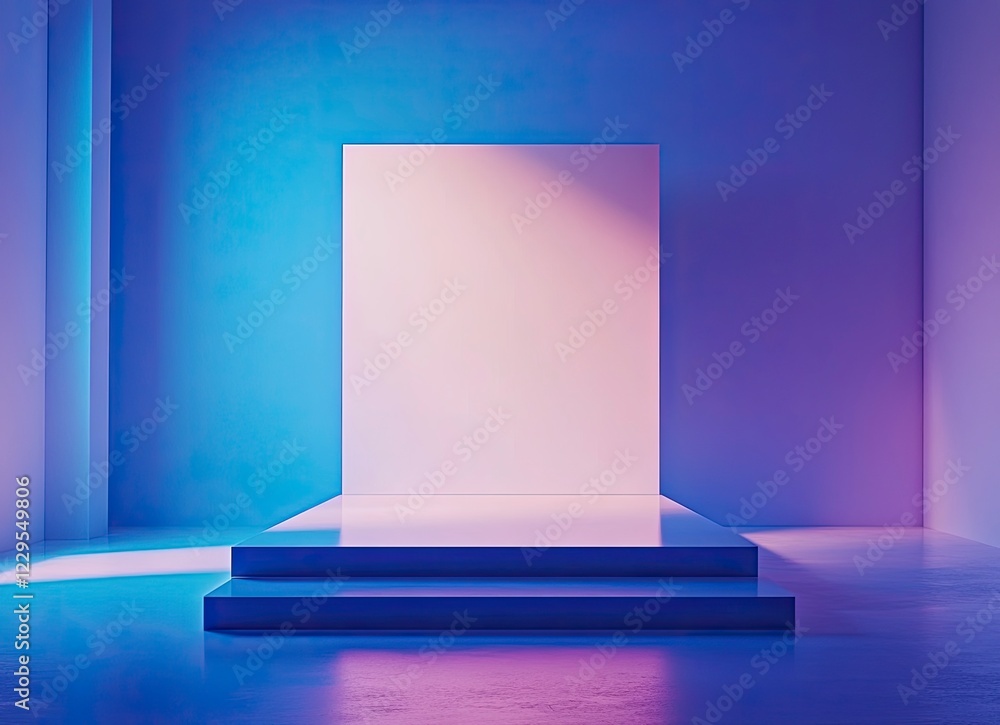 Poster front view of an empty modern stage with blue lighting and a square backdrop for a presentation, sho
