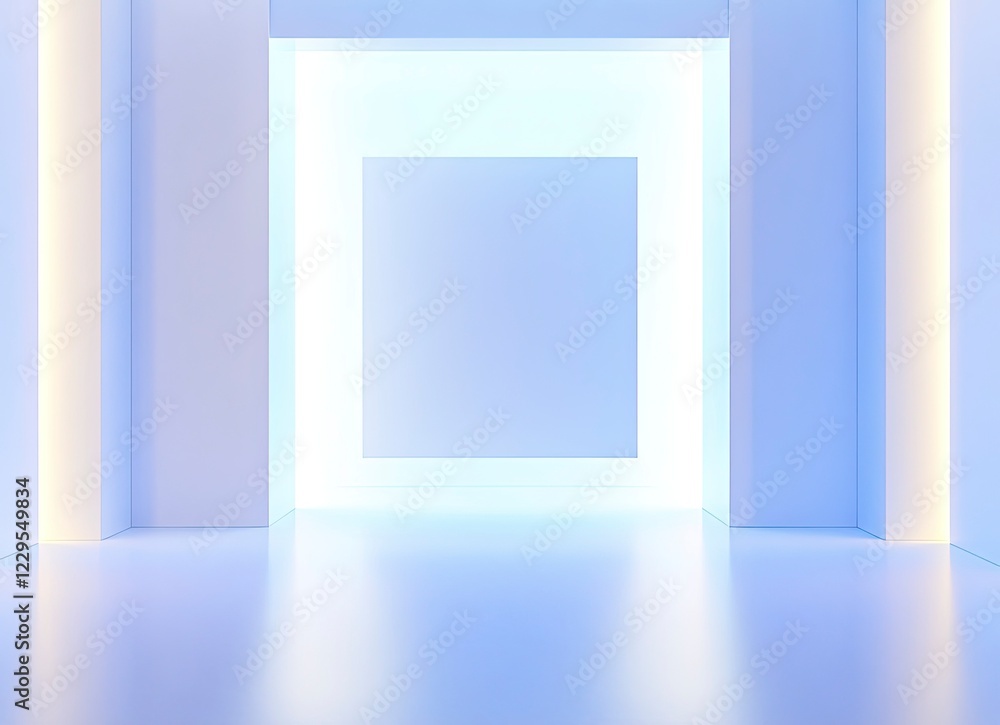 Poster front view of an empty modern stage with blue lighting and a square backdrop for a presentation, sho