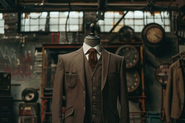 Brown tweed suit with vest and tie displayed on a mannequin in a vintage industrial setting, creating a stylish and timeless image