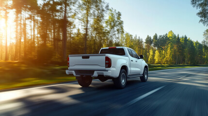 Modern white pickup truck car driving fast on highway 