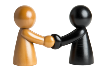handshake between two stylized wooden figures isolated on transparent white background