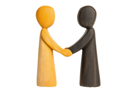 handshake between two stylized wooden figures isolated on transparent white background