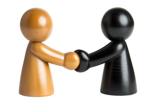 handshake between two stylized wooden figures isolated on transparent white background