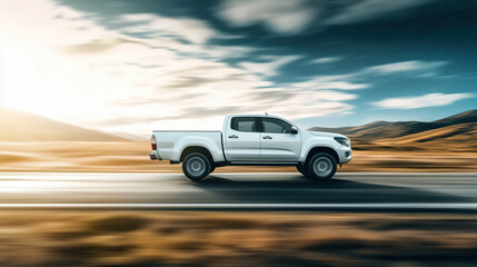 Modern white pickup truck car driving fast on highway 
