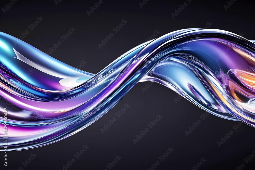 Poster iridescent fluid forms swirl dynamically in a smooth, glossy dance against a dark backdrop.