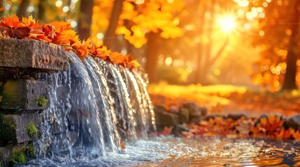 Fototapeta premium Tranquil autumn waterfall surrounded by colorful leaves and warm sunlight in a serene park
