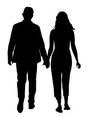 Silhouette of couple holding hands and waking away. Black view. Full length. Black and white vector illustration.