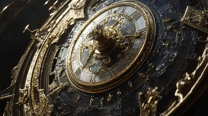 Obraz premium Intricate close-up of an ornate antique clock with golden details, showcasing its craftsmanship and design