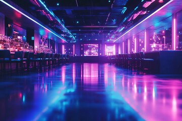 Vibrant Neon-Lit Nightclub Interior with Modern Bar and Dance Floor in Futuristic Ambiance
