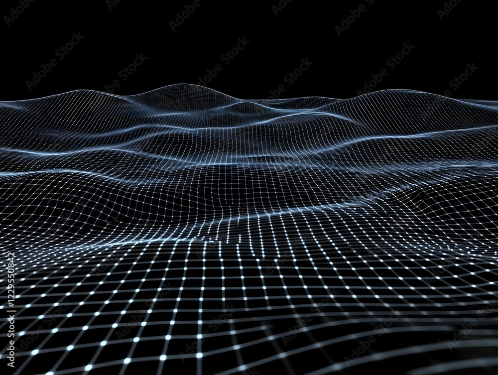 Poster abstract 3d wireframe landscape forms a digital terrain with glowing grid lines on a black backgroun