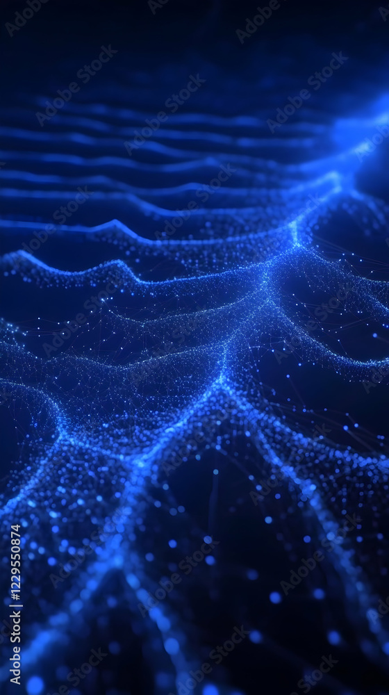 Poster abstract blue particles flowing smoothly in a wavy pattern with network connections