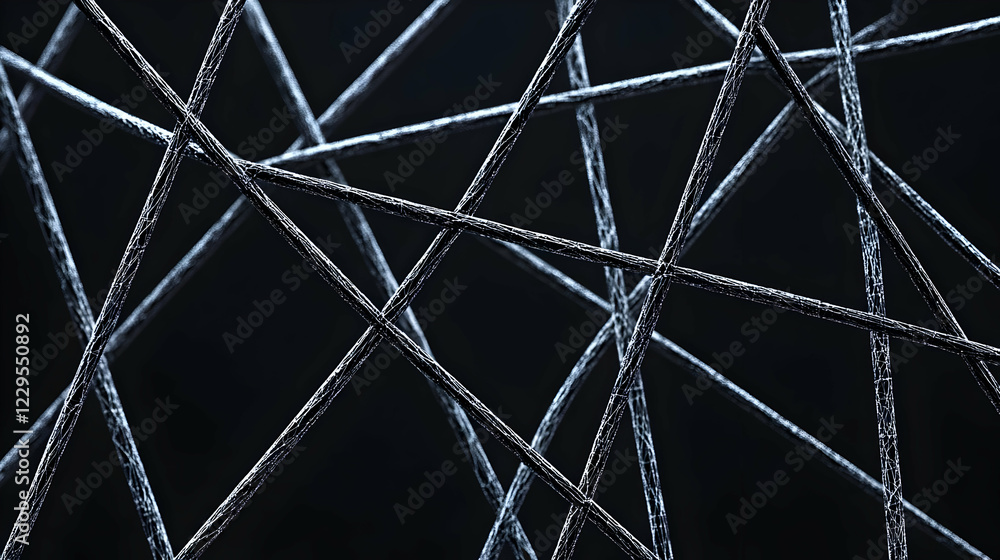 Poster interwoven black fibers create a complex, abstract pattern against a dark background.