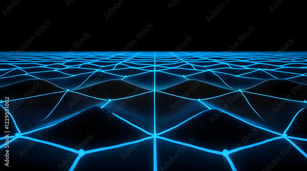 Poster abstract 3d landscape forms a digital grid with glowing blue lines dynamically.