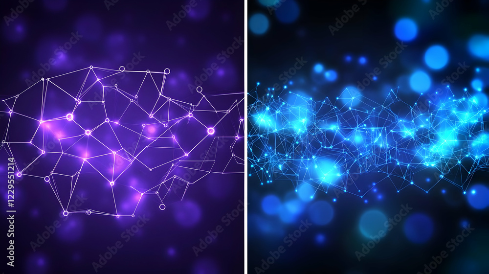 Poster abstract backgrounds with glowing network connections in purple and blue with bokeh effects