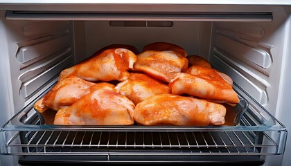 Fototapeta premium Marinated chicken rests in the refrigerator, ready to cook