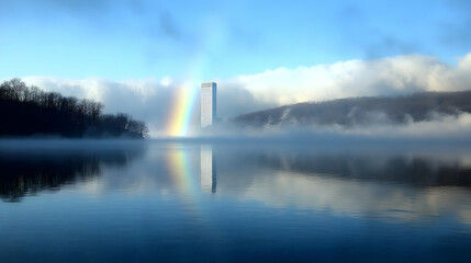 Fototapeta premium Rainbow Appears Over a Skyscraper Reflected in a Misty Lake with Trees and Clouds