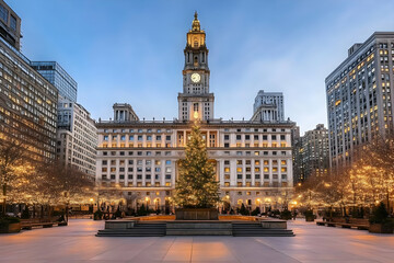 Fototapeta premium Grand Clock Tower Building Illuminates with Christmas Tree at Dusk, Cityscape View.
