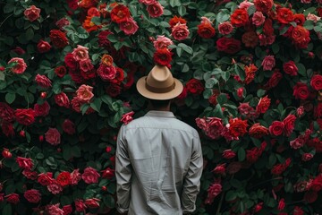 Obraz premium Gardener wearing hat standing back in front of red and pink roses wall