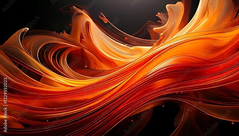 Poster molten orange strands flow and curl in an abstract, fiery display.