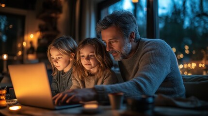  family at home using laptops and devices, connected through central wi-fi hub for seamless connectivity