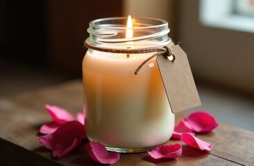 Rustic soy candle in a mason jar, flickering flame, dried rose petals at the base. Cozy Valentine’s Day Card with Blank Tag