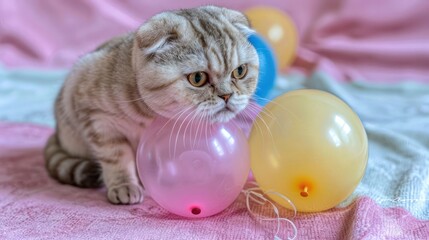 Playful kitten interacting with colorful balloons on a soft blanket, creating a cheerful scene