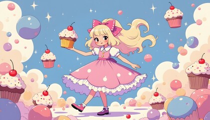 Cute Girl Pink Dress Sweet Cupcakes fun 