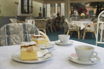 Cream cake and coffee in Novo Mesto in Slovenia