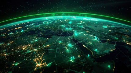 Obraz premium Aerial view of illuminated global connections over Europe and the Middle East at night