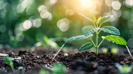 Fresh green plant sprouting from rich soil with sunlight and bokeh background, symbolizing growth