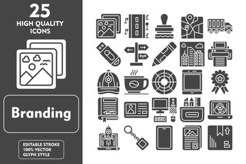 Branding glyph editable icon set. Containing photos, coffee cup, stationery, cmyk, start up, key chain, smartphone, poster, package, road and more. Vector illustration icons